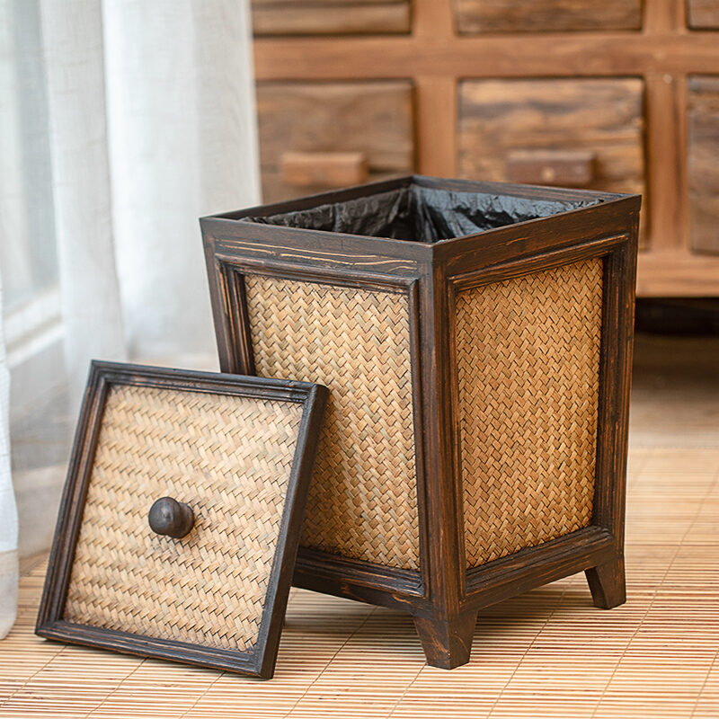 Retro Rattan Wooden Toilet Paper Basket with Lid Living Room Tea Room Kitchen Home Creative Chinese Solid Wood Trash Can
