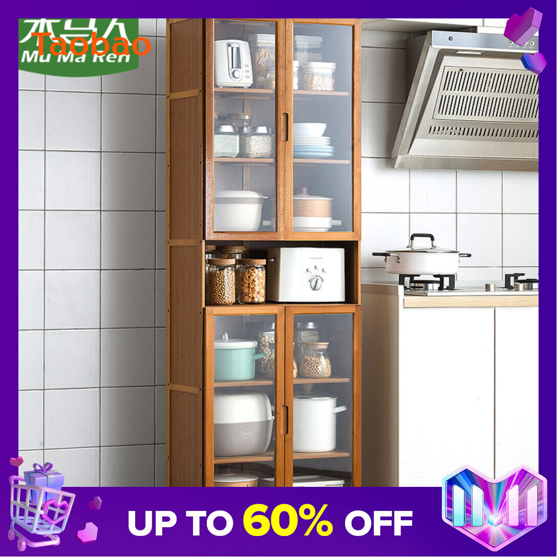 Kitchen Supplies Storage Cabinet Floor Multi-Layer Multi-Functional Storage Rack with Door Kitchenware Tableware Locker Bookshelf Wood