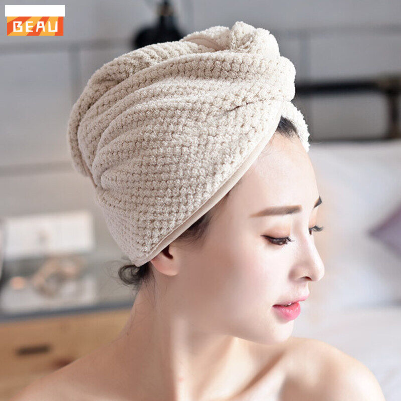 BEAU# Micro Fiber Hair Towel Hair Drying Towels Quick Dry Hat Cap Twist Head Towel with Button