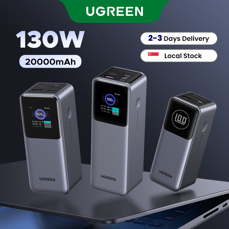 UGREEN 20000mAh Laptop Powerbank PD 130W 1C1A Fast Charging Power Bank for Laptop Dell MacBook Air/Pro Lenovo Power Station TFT Dispaly 3-Port Support SAMSUNG 45W Fast Charging Portable